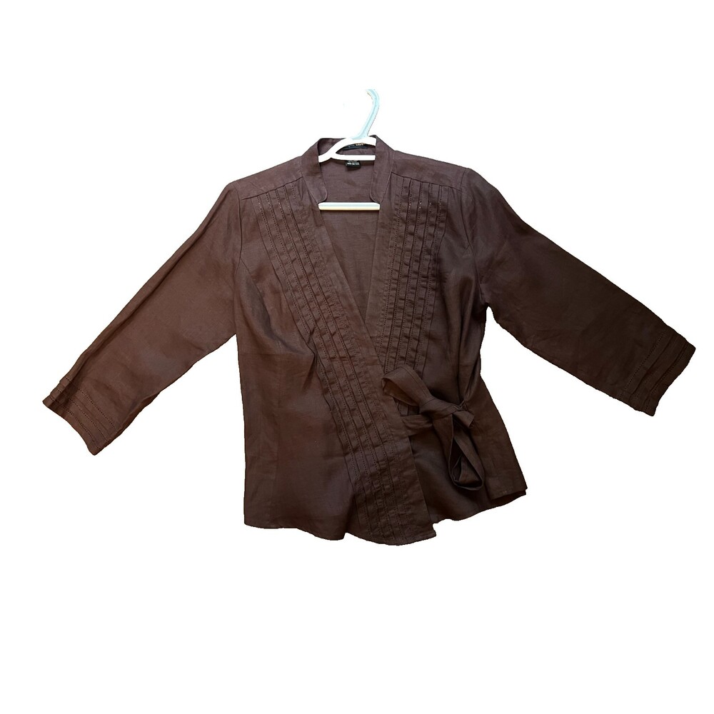 Brown Saint Tropez West 100% Linen Wrap Shirt Size S Summer Vacation
